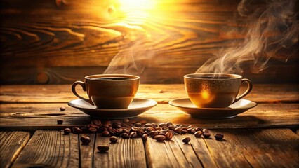 Warm Morning Beverage Delight Two Steaming Cups of Coffee on Rustic Wooden Surface with Scattered Beans