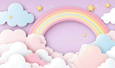 Pastel rainbow, clouds, and stars design. Perfect for children's room decor, cards, or invitations.  Sweet and whimsical illustration.