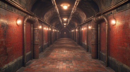 Fototapeta premium Dark and Atmospheric Underground Passage with Brick Walls and Dim Lights in an Abandoned Setting