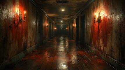 Fototapeta premium Eerie Haunted Hotel Hallway with Blood-Stained Walls and Flickering Lights at Night