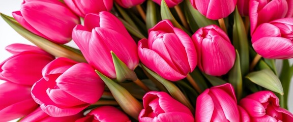Obraz premium Close-up of vibrant Dutch pink tulips arranged on a birthday card, message, celebration