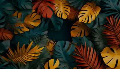 Vibrant tropical leaves in rich autumnal hues create a captivating border, perfect for design projects.