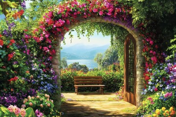 Fototapeta premium Serene Garden with Vibrant Flowers and Peaceful Lake View