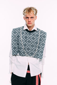 Unique fashion statement featuring a male blonde model