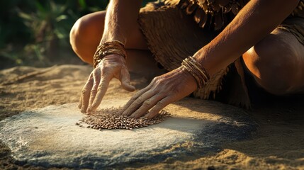 A person is grinding grains on a rough textured stone