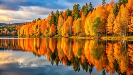 Obraz premium autumn foliage reflected on serene lake surface amidst vibrant orange and yellow hues of changing leaves in Scandinavian wilderness scene , lakeside, nature