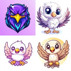 Obraz premium Cute cartoon birds; purple eagle, white, beige chicks.