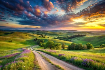 Fototapeta premium Serene Sunset Vista Rolling Green Hills and a Winding Country Road at Golden Hour