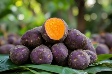 Vibrant Sweet Potatoes Displayed on Green Leaves in Natural Setting