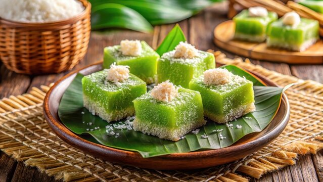 Delicious sweet getuk lindri cake with grated coconut topping, fresh ingredients, tropical flavor, dessert table
