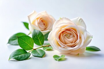 Two delicate blush roses with lush green foliage rest gently on a pristine white surface