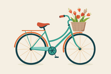 Fototapeta premium red classic bike with flower in basket isolate on white background