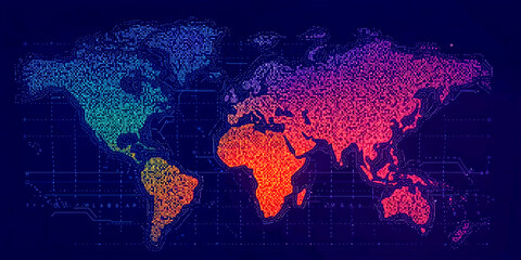 A colorful digital representation of a world map, showcasing vibrant colors and interconnected patterns over a dark background.