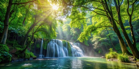Fototapeta premium Dense forest canopy with sunlight filtering through leaves, creating a dappled effect on the waterfall's edge, foliage