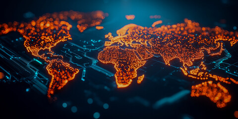 A glowing digital world map in vibrant orange against a dark background, symbolizing connectivity and technology.