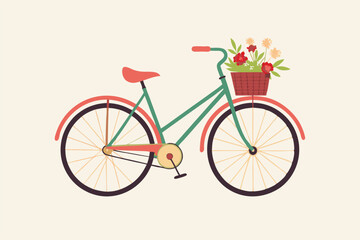 Fototapeta premium Blue bike with a basket of flowers. White background. Isolated object. Bicycle for walking. Vector