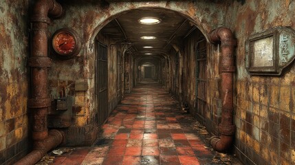 Abandoned Industrial Corridor with Rusty Pipes and Grungy Walls in a Dark Environment