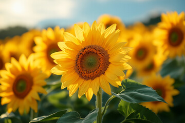 Fototapeta premium Bright yellow sunflowers blooming in a sunny field