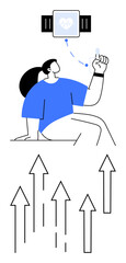 Woman engaging with fitness tracker to monitor heart rate via smartwatch. Arrows depict growth, goals, and personal improvement. Ideal for health, wellness, technology, progress, fitness self-care
