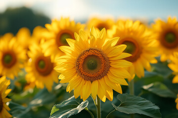 Fototapeta premium Bright yellow sunflowers blooming in a sunny field