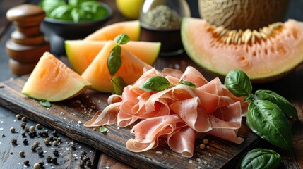 sliced melon and prosciutto, traditional italian cuisine.