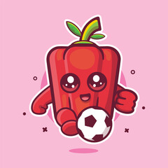 smiling red paprika character mascot playing football isolated cartoon