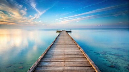 Naklejka premium Tranquil Wooden Dock Extending to Serene Ocean at Dawn with Peaceful Sky
