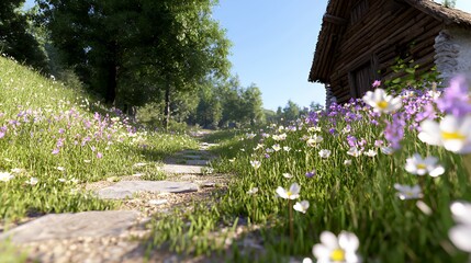 Walking Path with Wildflowers Leads to Rustic Cabin in Summer
