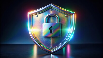 A metallic shield with a holographic lock design, protecting a home entrance, lock, home security,  lock,home security, protection