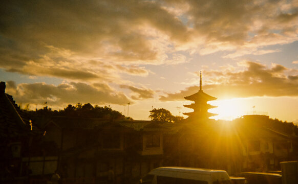 Kyoto with pagoda at sunset, Japan. Film