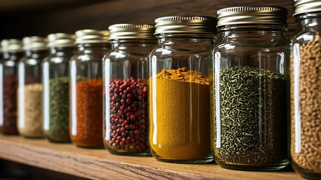 Row of glass spice jars filled with colorful spices and herbs on a wooden shelf