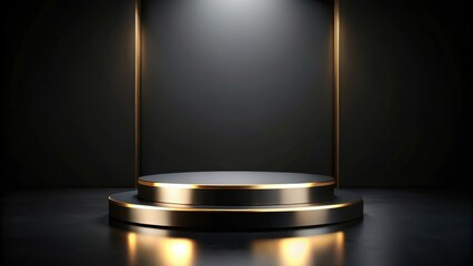 Empty black gold podium stage with luxury pedestal for product display on dark backdrop, dark backdrop, empty stage