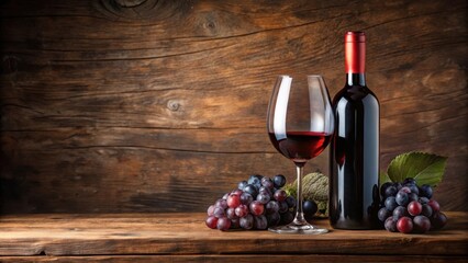 A red wine glass placed on a wooden table next to an empty wine bottle with a few grapes left in the bottle, wine bottle