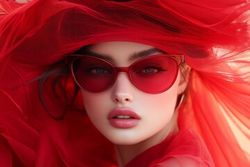 Young adult woman portrait with light skin, wearing red sunglasses and a red flowing fabric in a studio