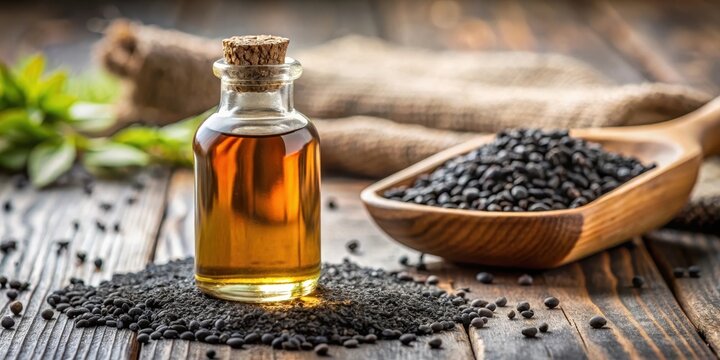 Close-up of black cumin oil bottle on table with selective focus, background blur