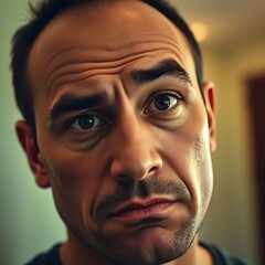 A man raising one eyebrow, his lips slightly pursed in skepticism.