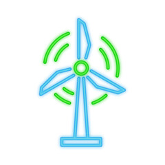 A vibrant neon illustration of a wind turbine with glowing green energy waves, symbolizing renewable energy, sustainability, and environmental conservation