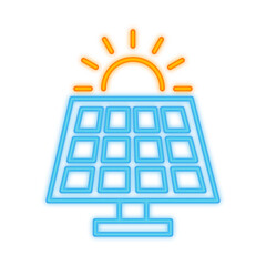 A vibrant neon illustration of a solar panel with a glowing sun above it, symbolizing renewable energy, sustainability, and clean power solutions