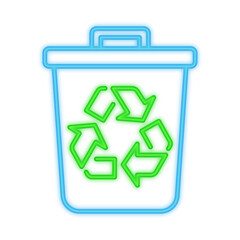 A vibrant neon illustration of a recycling bin with a glowing green recycling symbol, representing waste management, sustainability, and eco-friendly practices