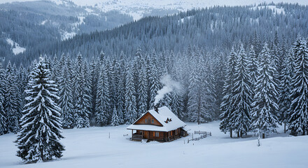 Fototapeta premium Secluded Winter Cabin in Snowy Mountain Forest: A Peaceful Escape