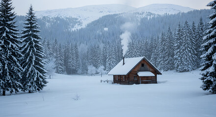 Fototapeta premium Secluded Winter Cabin Amidst Snow-Covered Mountains and Pine Trees A Serene Winter Wonderland
