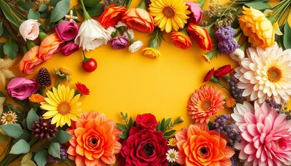 A vibrant flat lay of festive floral arrangements in a frame, ideal for holiday greetings, autumn, spring
