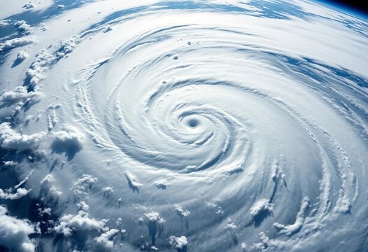 A colossal hurricane, seen from above, with swirling clouds and a distinct eye, storm,  rainbands
