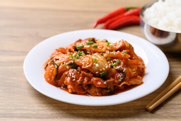 Stir fried kimchi cabbage with pork eating with cooked rice, Korean food