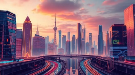 Fototapeta premium Vibrant Urban Skyline at Sunset with Reflections and Dynamic Lights