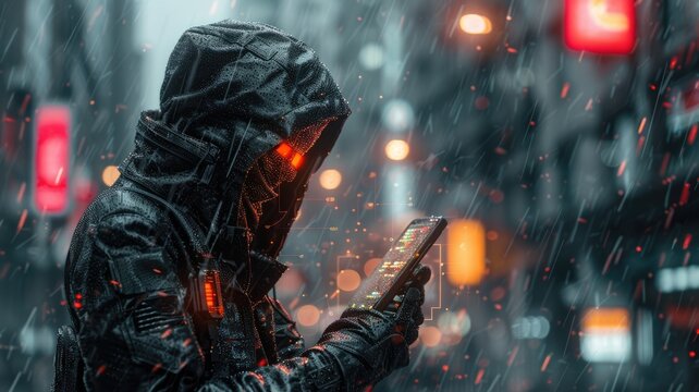 Picture of human commit crime in digital system to destroy and hack computer protection user in colorful light of cyberspace style theme. Coding for dangerous hacking technology from criminal. AIG53.