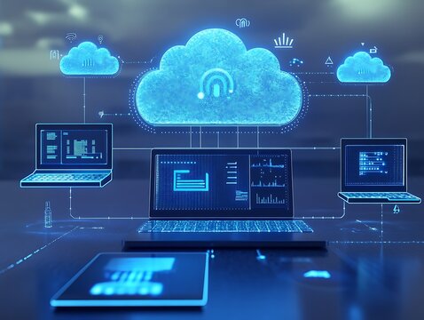 Home automation using cloud technology, with laptops, tablets, and phones linked to digital storage
