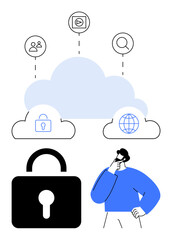 Man pondering data privacy under clouds featuring padlocks, icons for users, media, and search. Ideal for cybersecurity, privacy, cloud connectivity, data encryption, user management internet