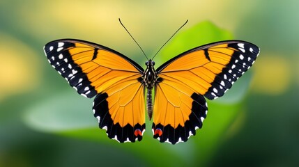 Naklejka premium A vibrant butterfly with orange wings and black edges rests on green foliage, showcasing nature's beauty and delicate details.