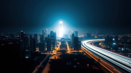 Obraz premium Vibrant Night Cityscape with Light Trails and Urban Skyline